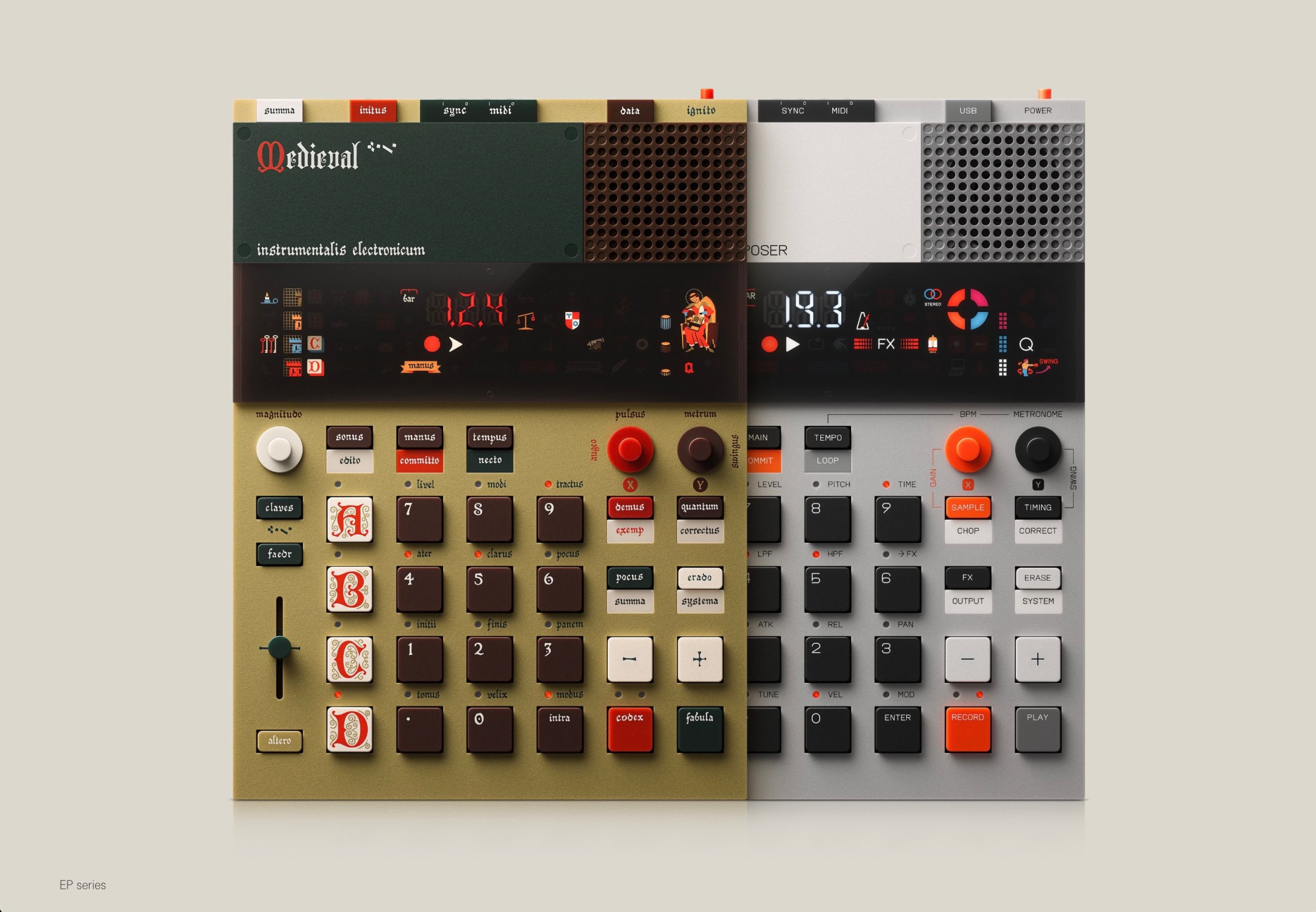 Stylized concept render of a medieval-themed EP-series sampler labeled "Medieval instrumentalis electronicum" with Latin-labeled buttons and illuminated letter keys