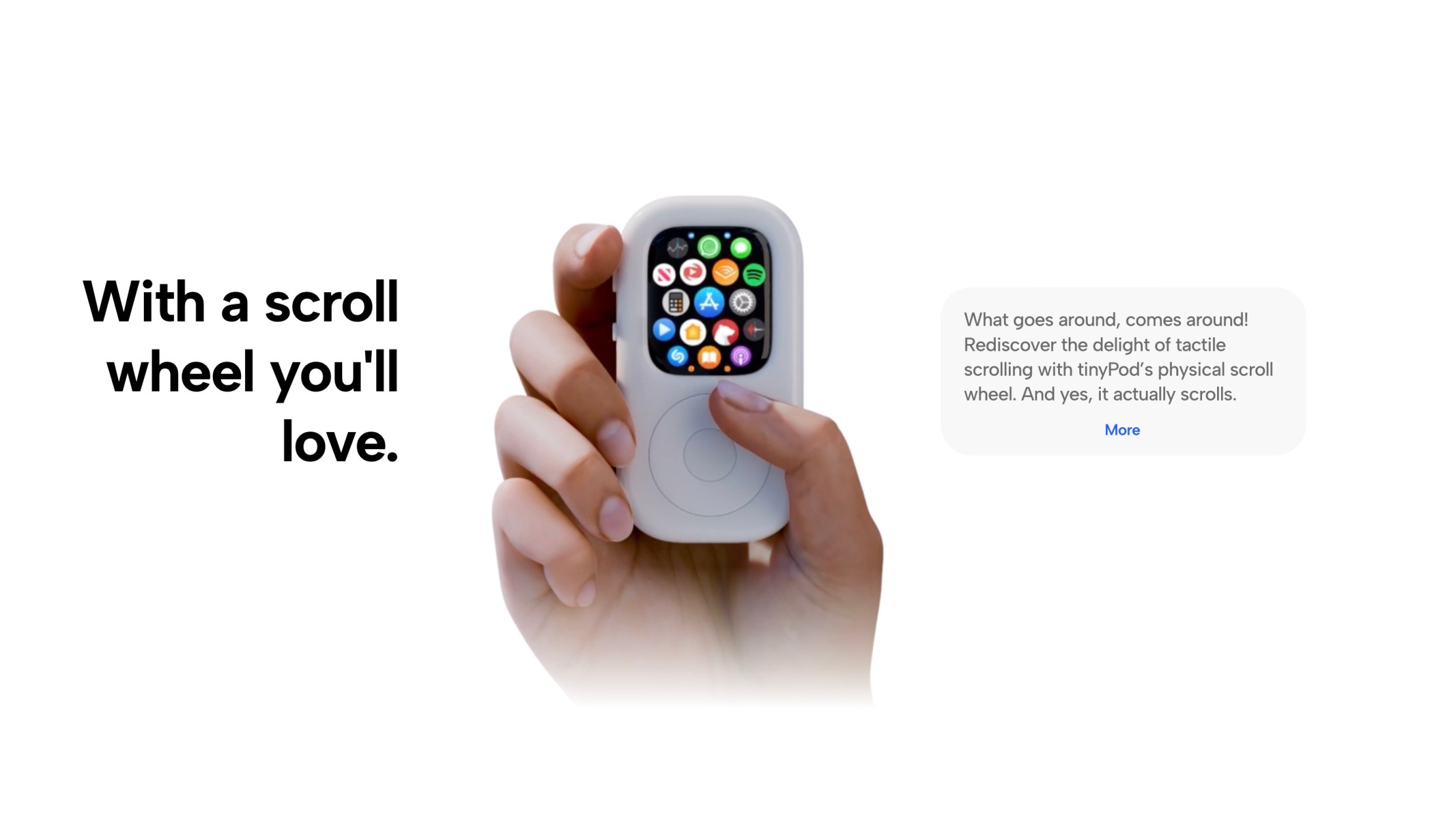 tinyPod device held in a hand, showing an Apple Watch screen with app icons and a physical scroll wheel below