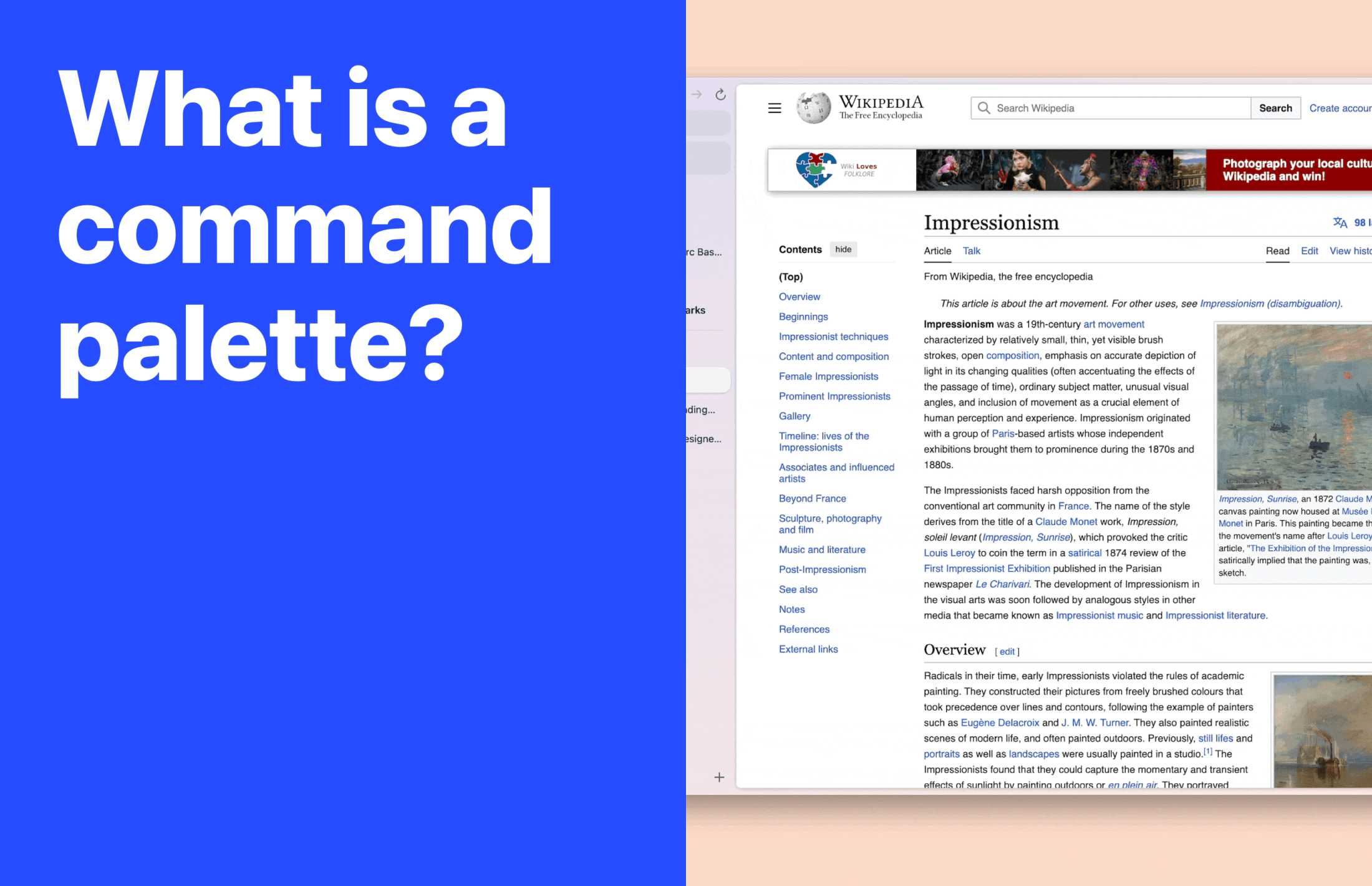 Blue graphic with text "What is a command palette?" next to a screenshot of the Wikipedia article on Impressionism