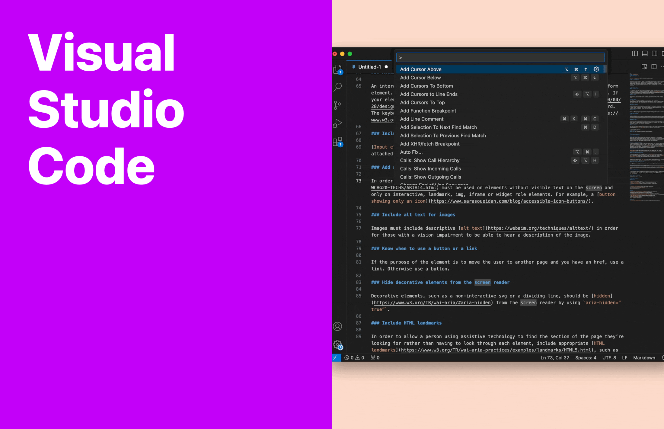 Visual Studio Code screenshot showing the command palette open with "Add Cursor Above" highlighted in a Markdown file