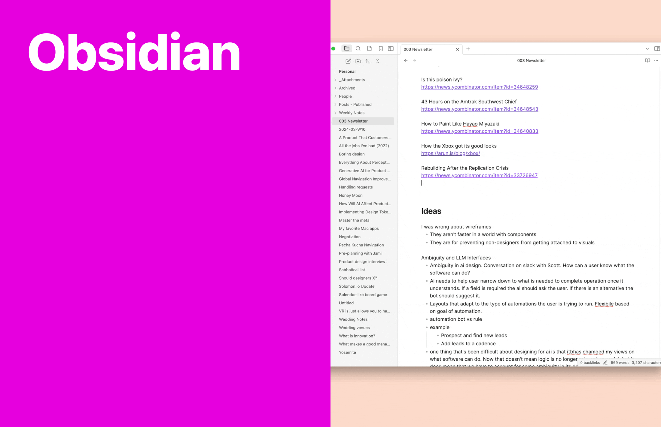 Obsidian logo text beside a screenshot of the Obsidian app showing a note vault sidebar and a "003 Newsletter" note with links and ideas