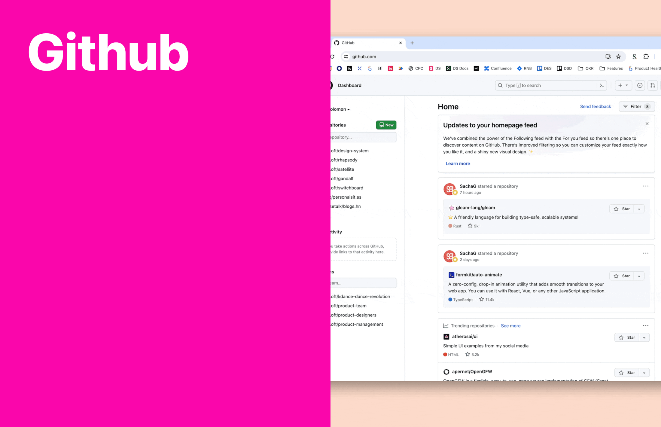 Github" text on a magenta background alongside a screenshot of the GitHub dashboard home feed