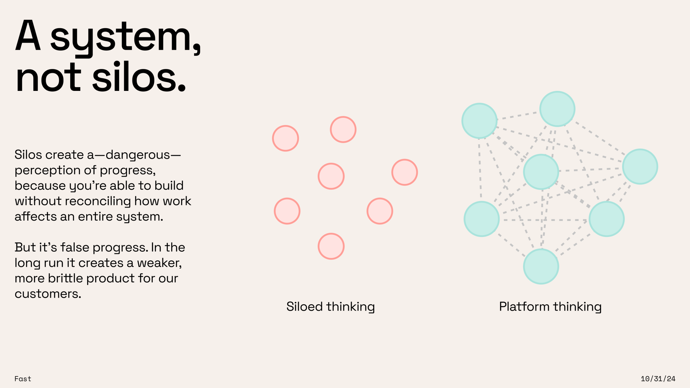 Slide titled "A system, not silos" contrasting "Siloed thinking" (disconnected pink nodes) with "Platform thinking" (interconnected teal nodes)