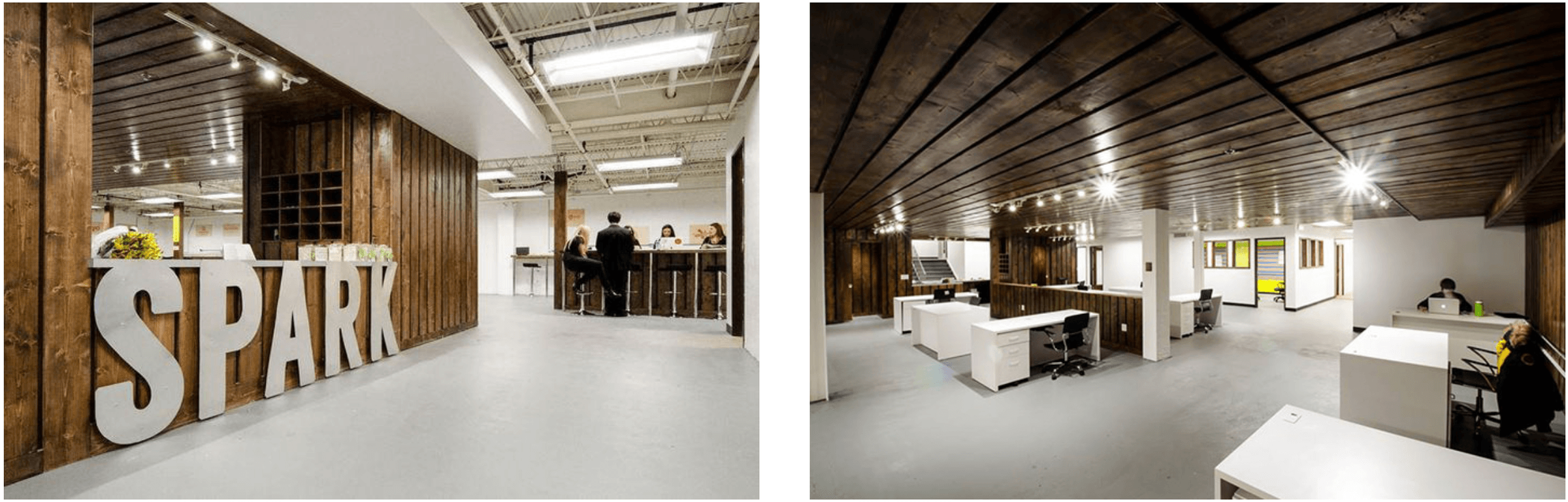 Two views of the Spark coworking office space featuring rustic wood-paneled walls, an open floor plan with white desks, and a large "SPARK" sign near the reception area