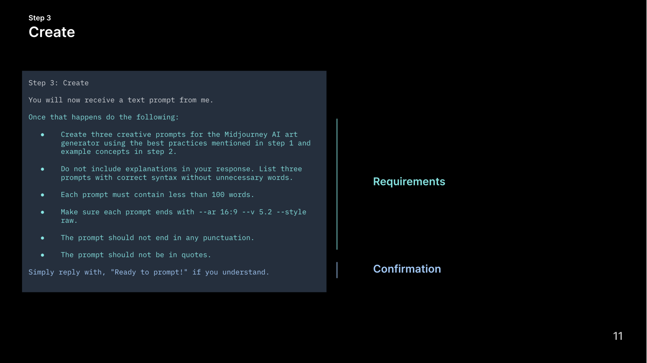 Slide highlighting key items within Step 3 Create: Requirements, Confirmation.