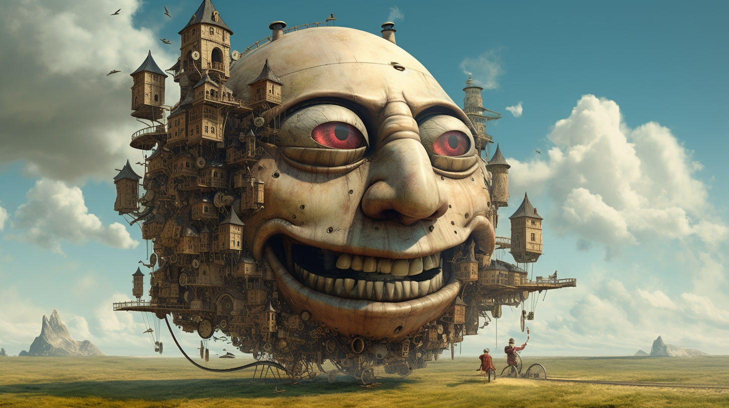 Surreal steampunk illustration of a giant grinning face covered in wooden towers and mechanical gears floating above a flat landscape