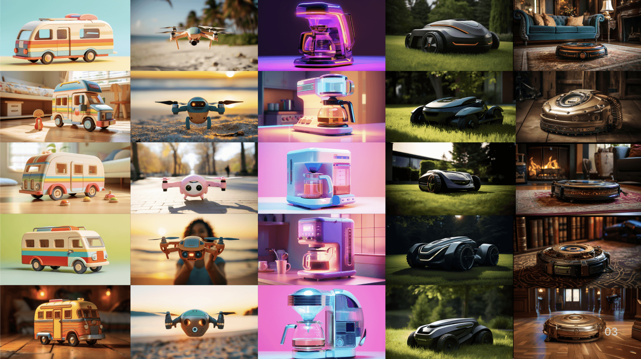 A collection of AI generated products using ChatGPT and Midjourney. Products include a toy rv, selfie drone, vaporwave coffee maker, robot lawnmower and steampunk robot vacuum.