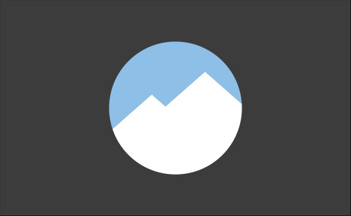 Minimalist icon of white mountain peaks inside a blue circle on a dark gray background