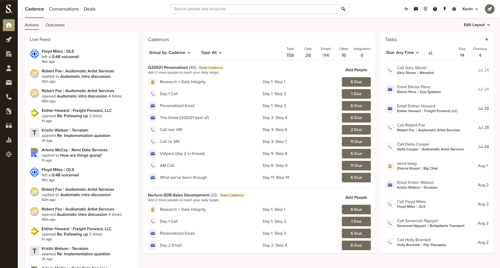 Screenshot of a sales engagement platform showing a Cadence dashboard with Live Feed, Cadences, and Tasks panels