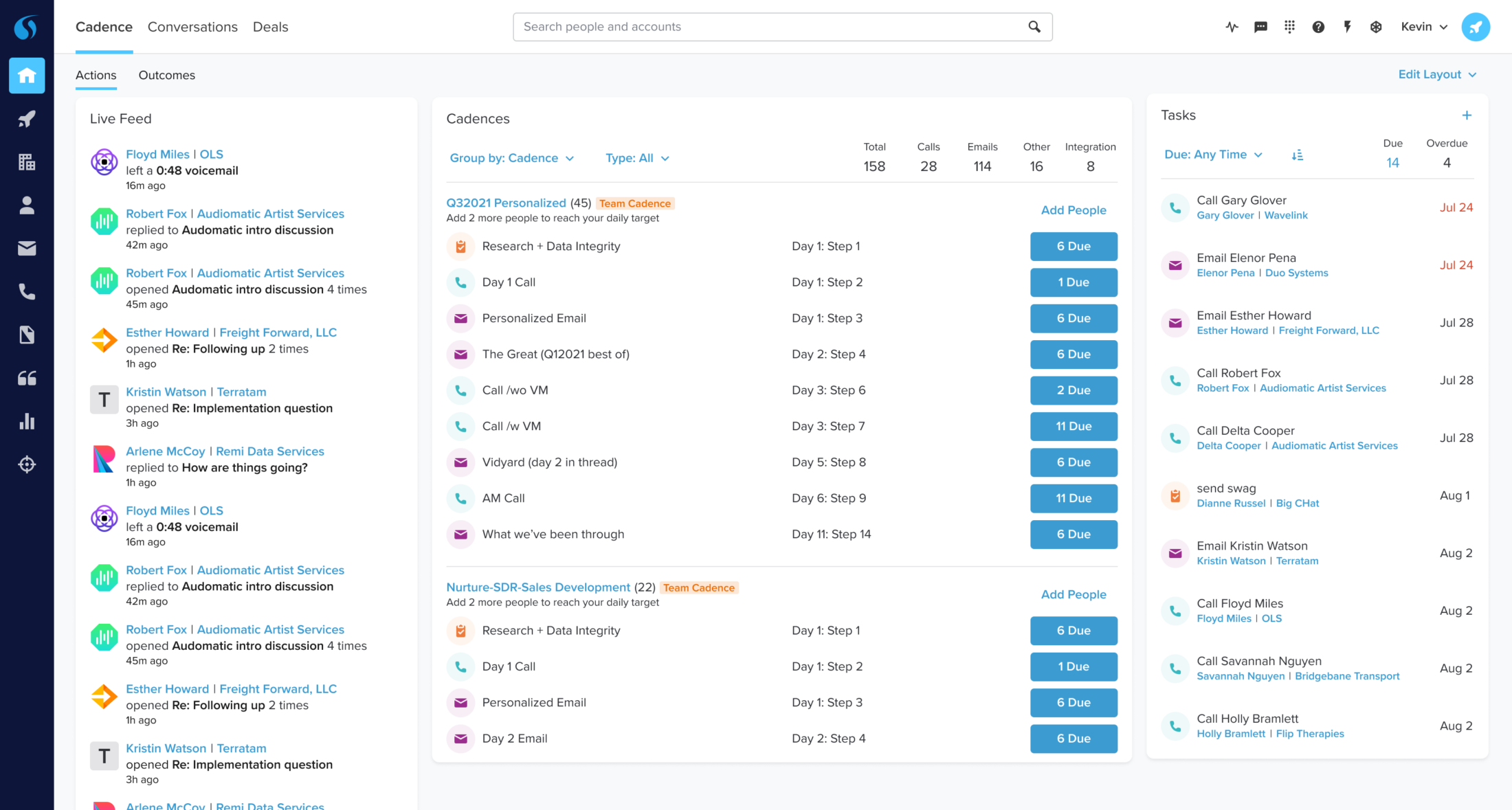 Screenshot of Salesloft's Cadence dashboard showing a live feed, cadence steps with due counts, and a tasks panel