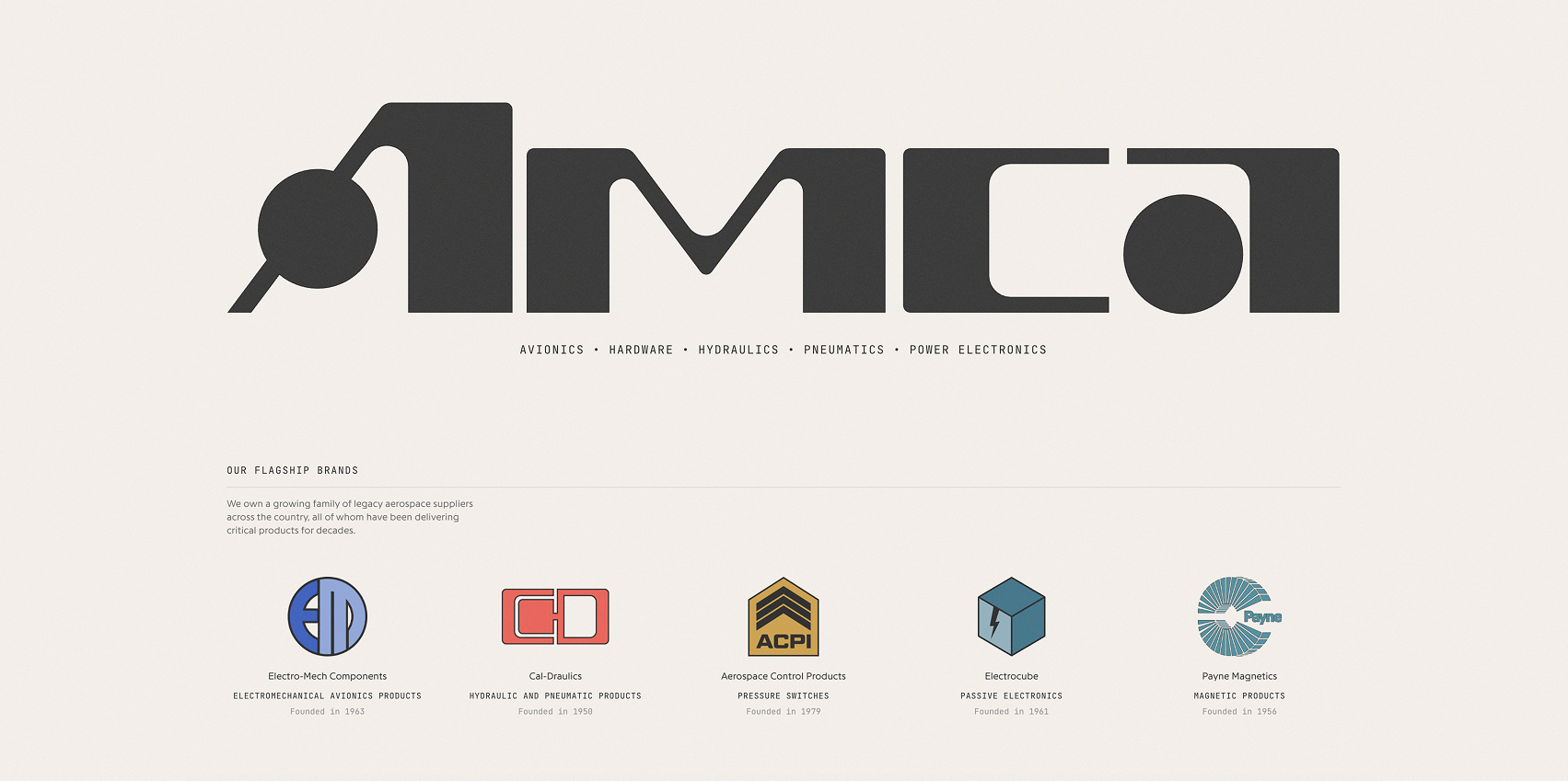 Bold geometric AMCA wordmark above five flagship subsidiary brand logos on a warm gray background