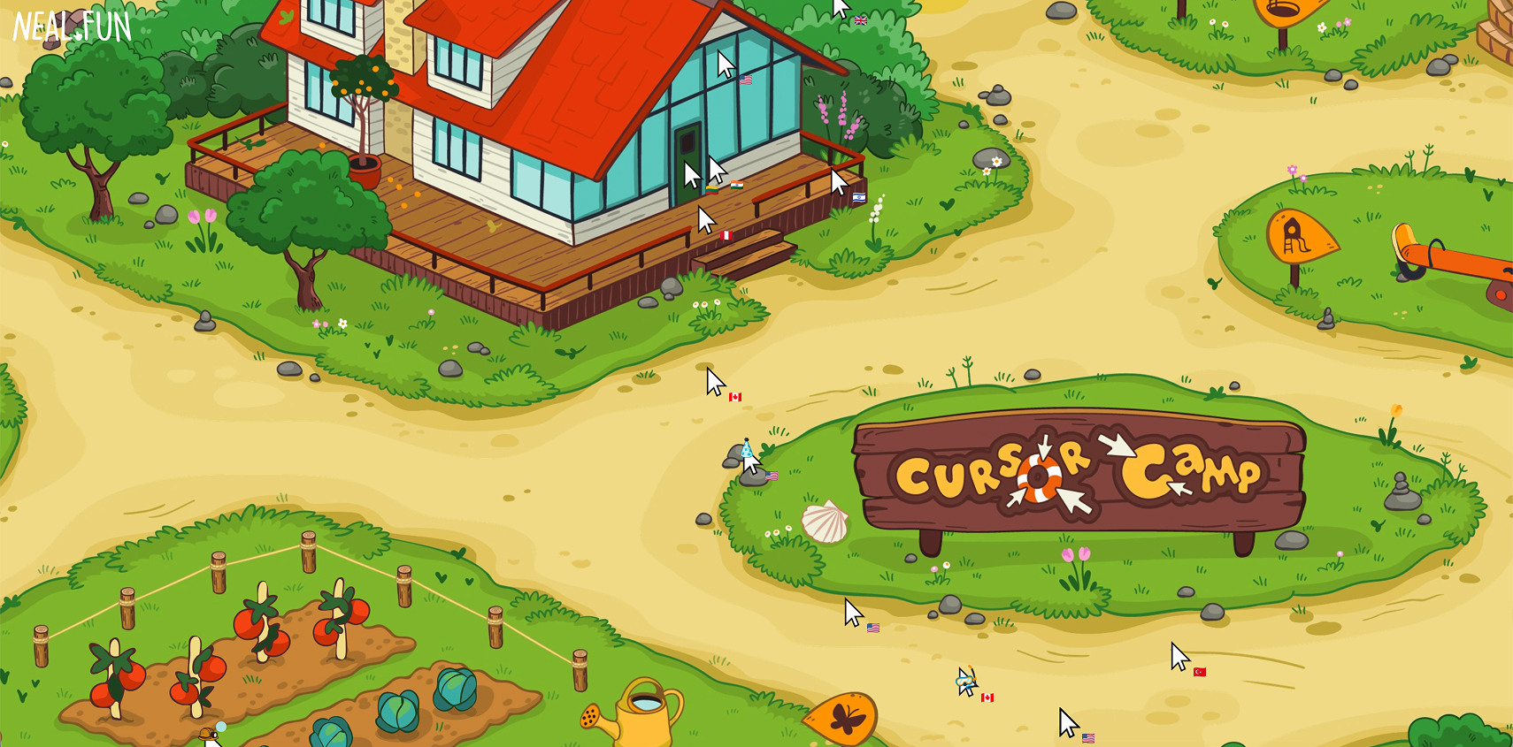 Cartoon summer-camp scene with a wooden CURSOR CAMP sign, a cabin, garden and arrow cursors scattered across the landscape
