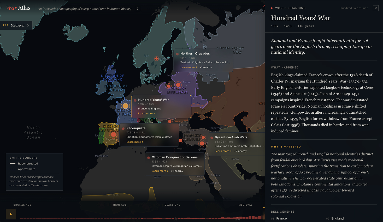 WAR ATLAS interactive world map showing medieval European conflicts with a side panel detailing the Hundred Years' War