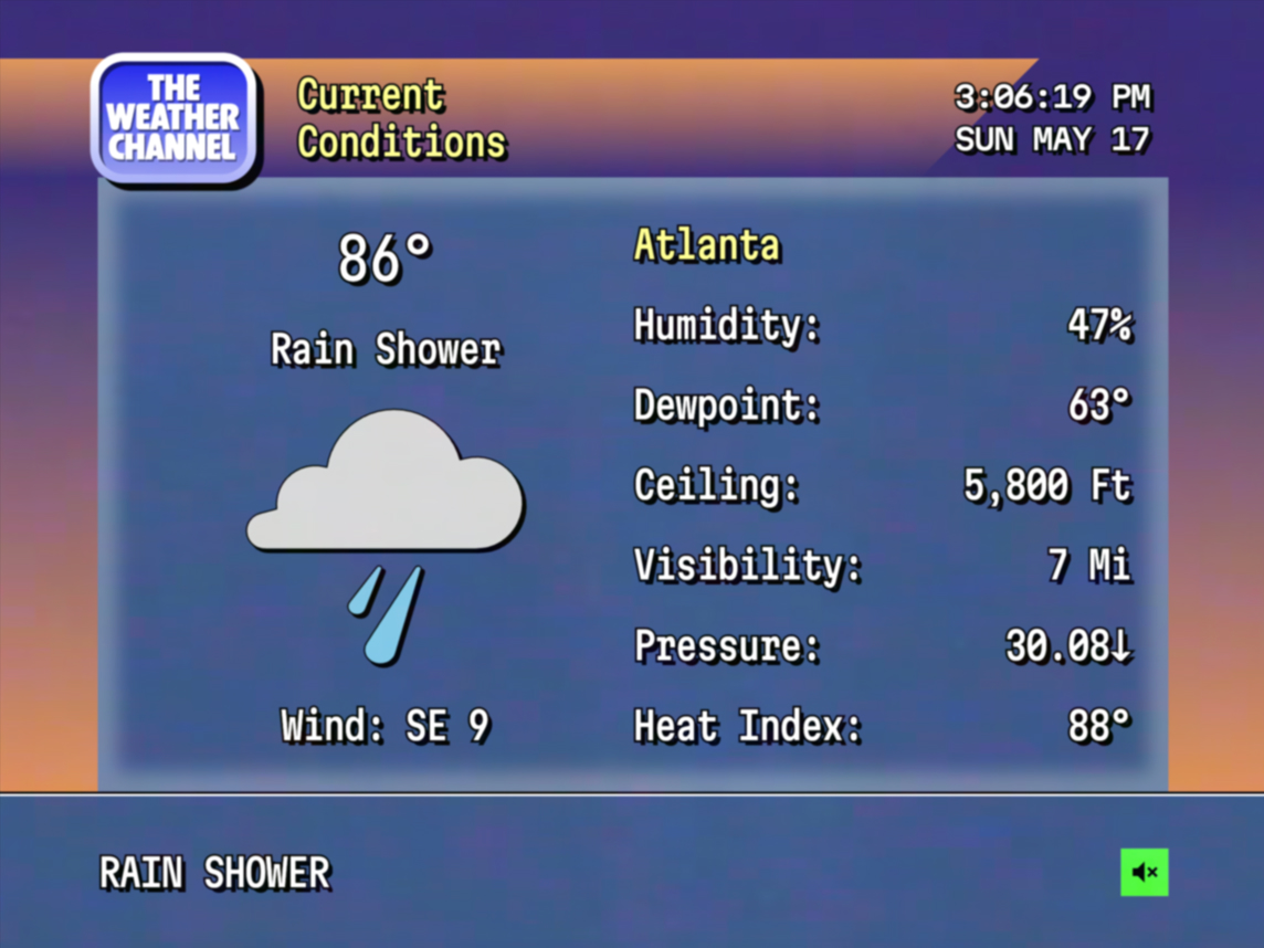 Retro Weather Channel cable graphic showing Atlanta current conditions: 86° rain shower, 47% humidity, 30.08 pressure
