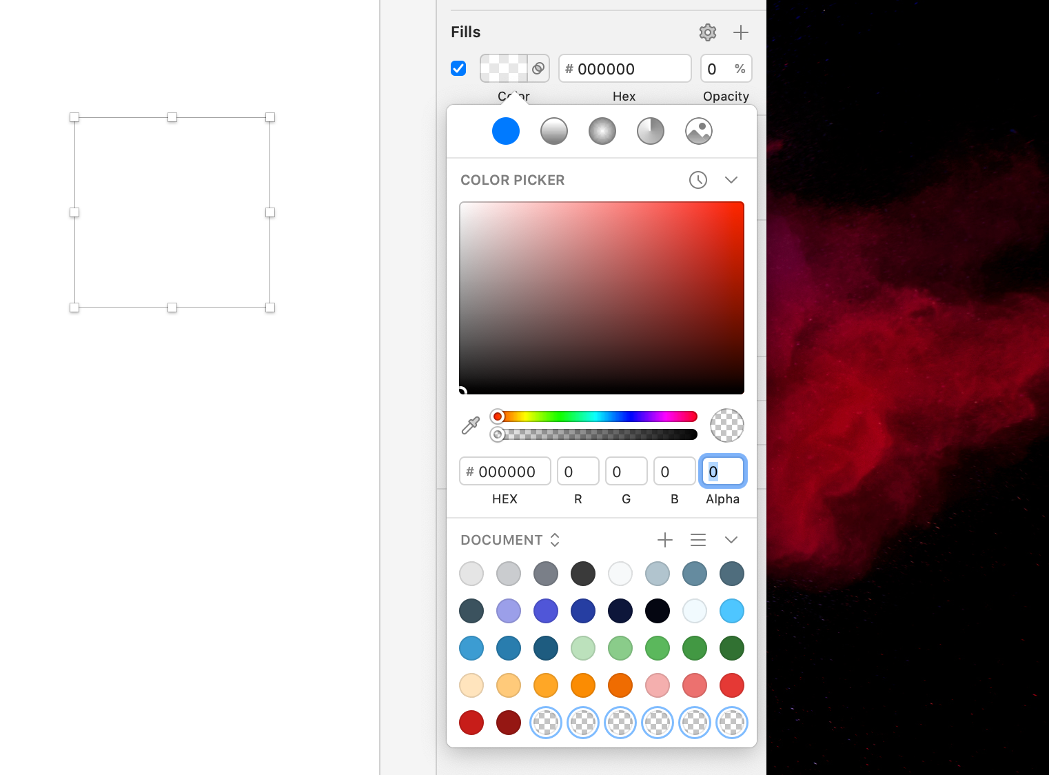Sketch color picker panel showing Fills settings with hex value #000000 and Alpha set to 0, alongside a color gradient and document swatches