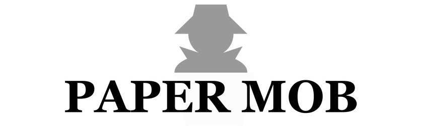 Paper Mob logo with a gray silhouette of a figure wearing a fedora above the bold text "PAPER MOB