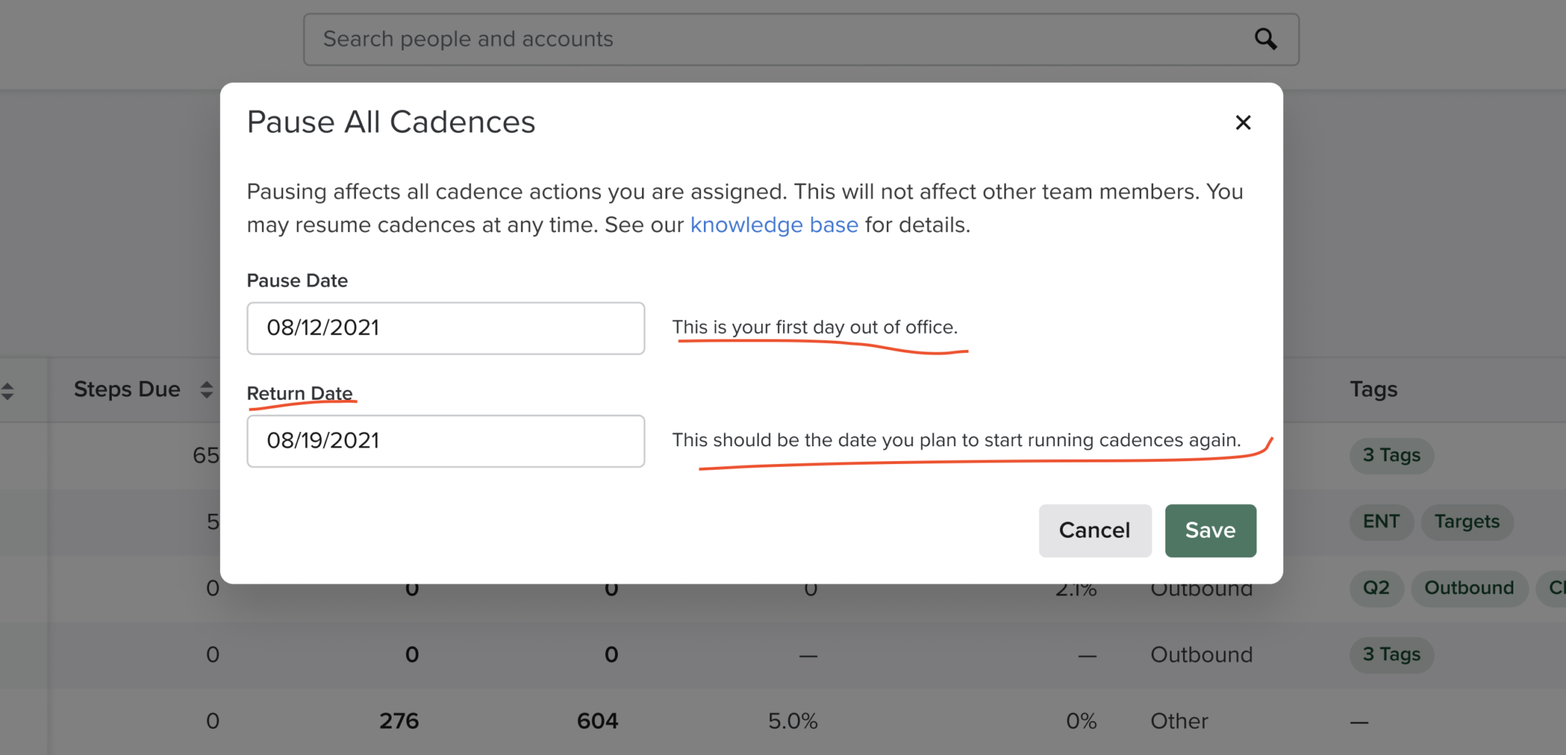 Screenshot of a "Pause All Cadences" modal with Pause Date 08/12/2021 and Return Date 08/19/2021 fields annotated in red