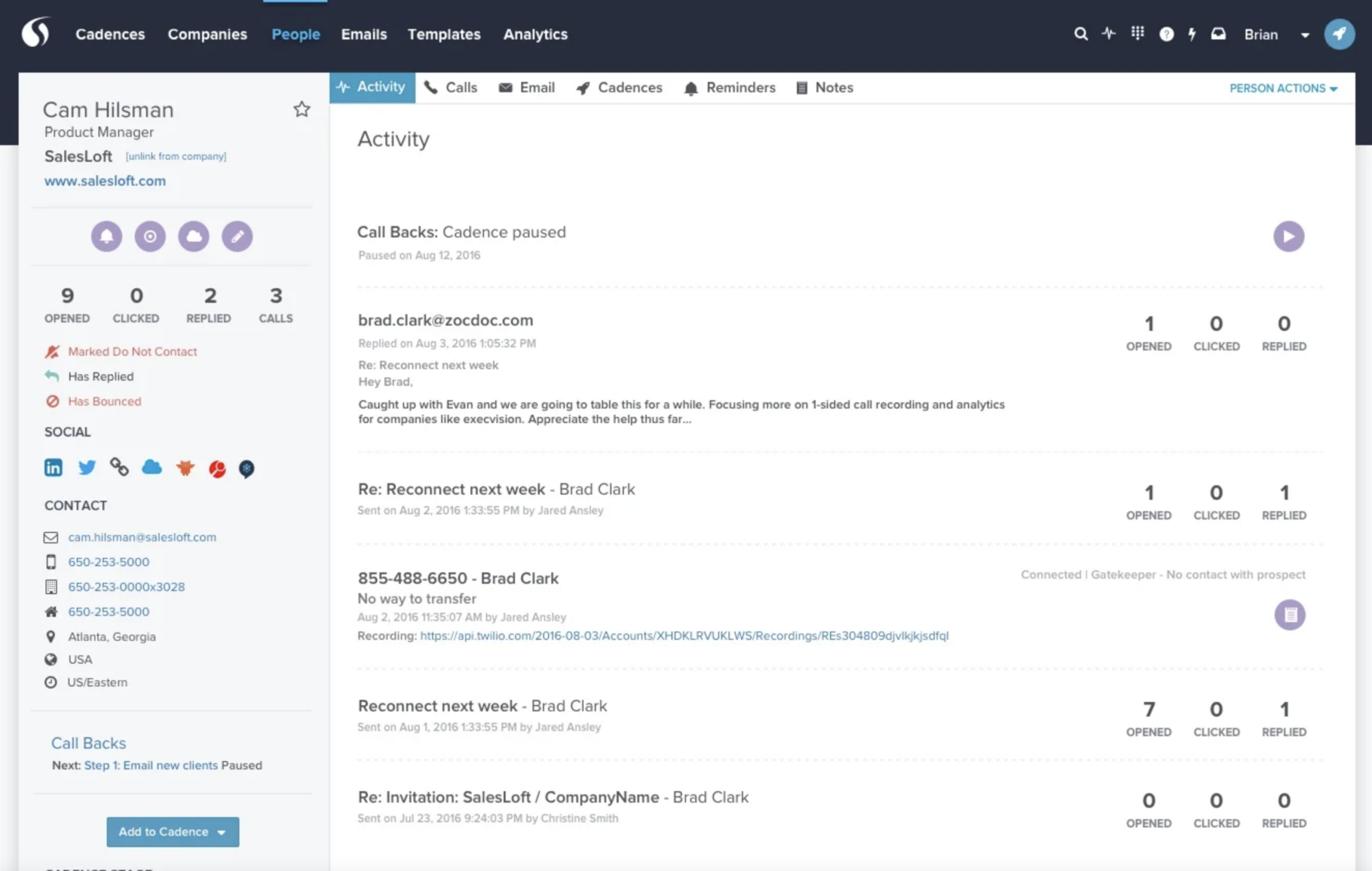 SalesLoft people profile page showing activity feed with emails and calls for a contact named Cam Hilsman at SalesLoft