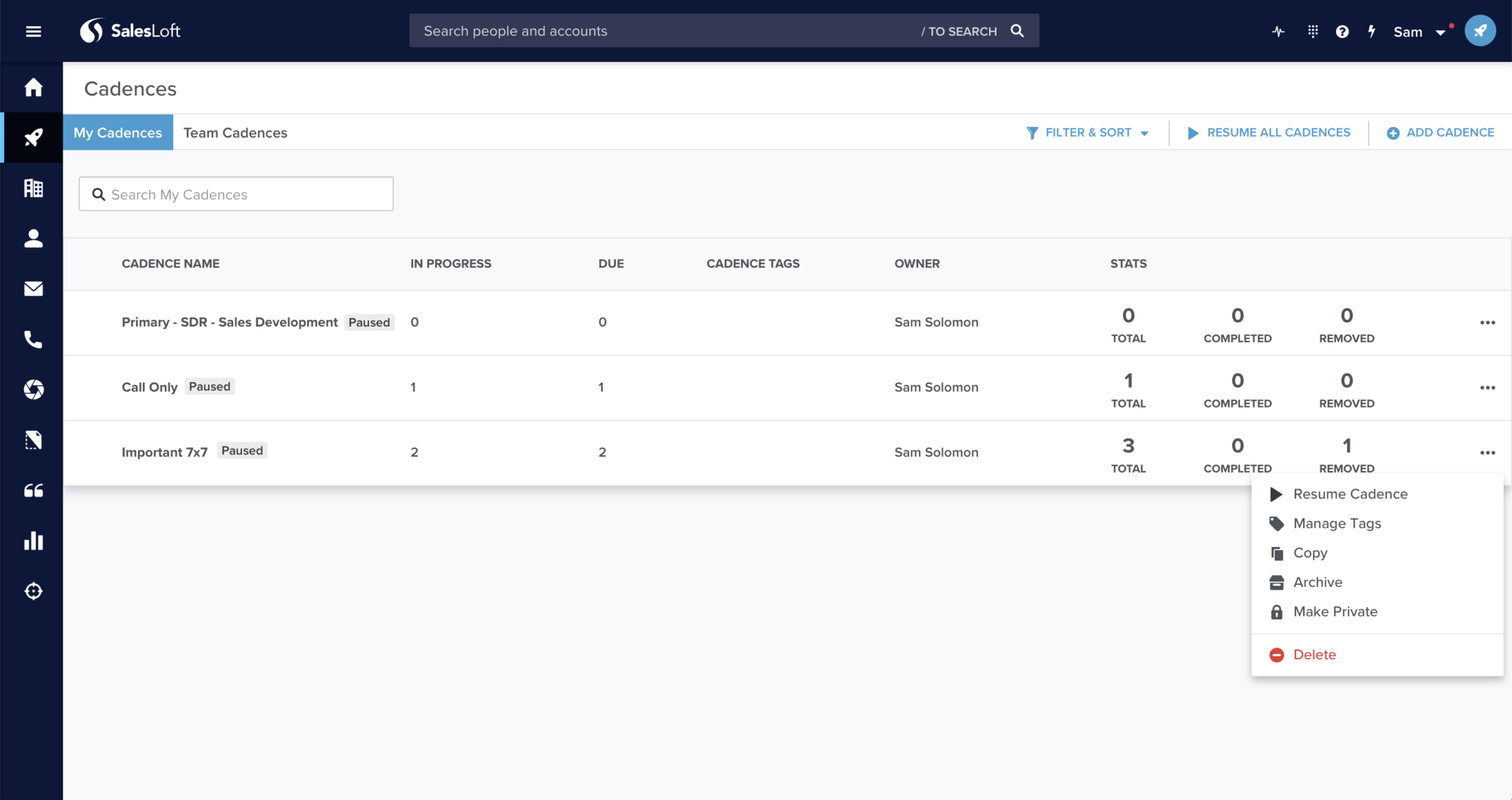 SalesLoft Cadences screen showing My Cadences list with a dropdown menu open displaying options: Resume Cadence, Manage Tags, Copy, Archive, Make Private, Delete