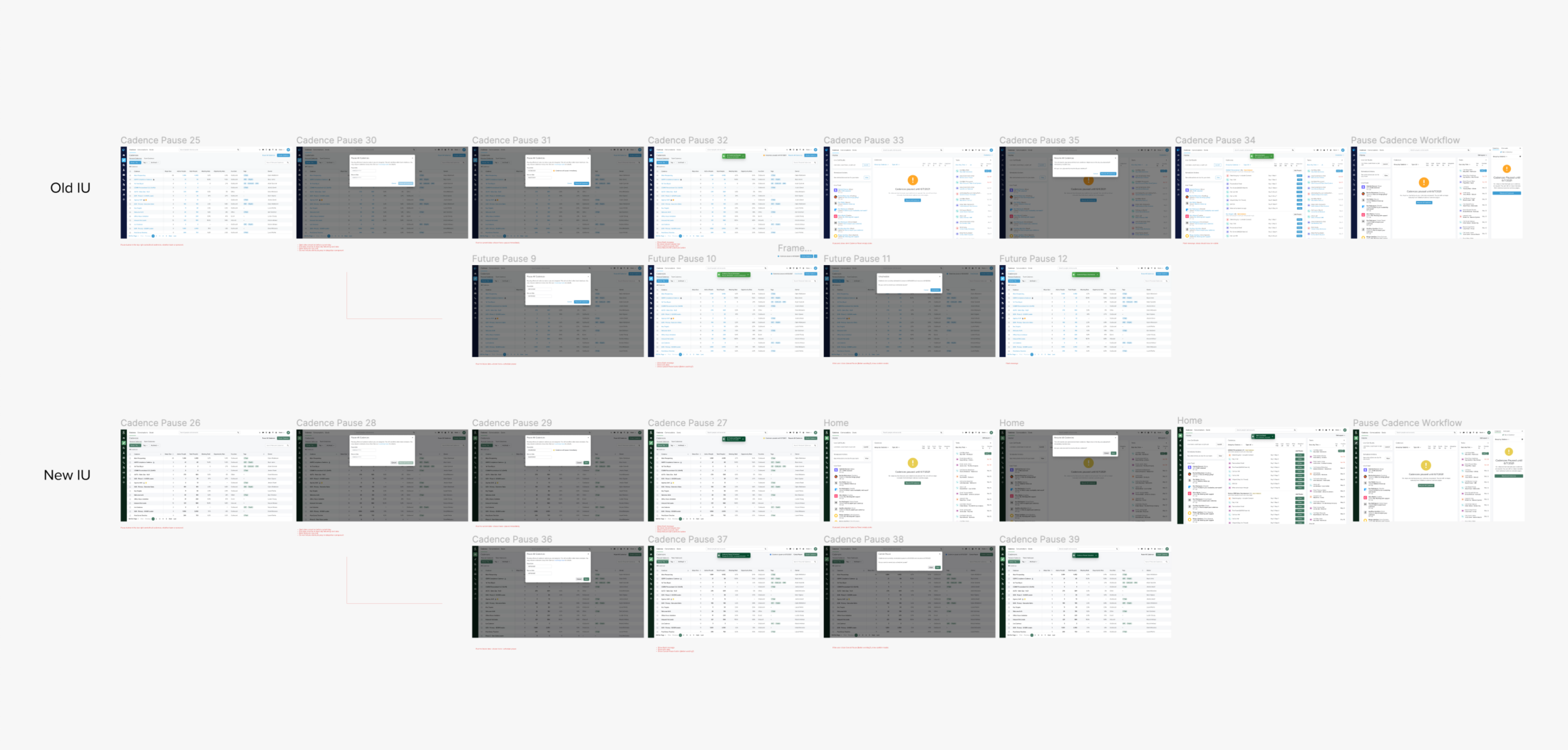 Design comparison showing "Old IU" and "New IU" UI mockups for a Cadence Pause workflow across multiple numbered screens