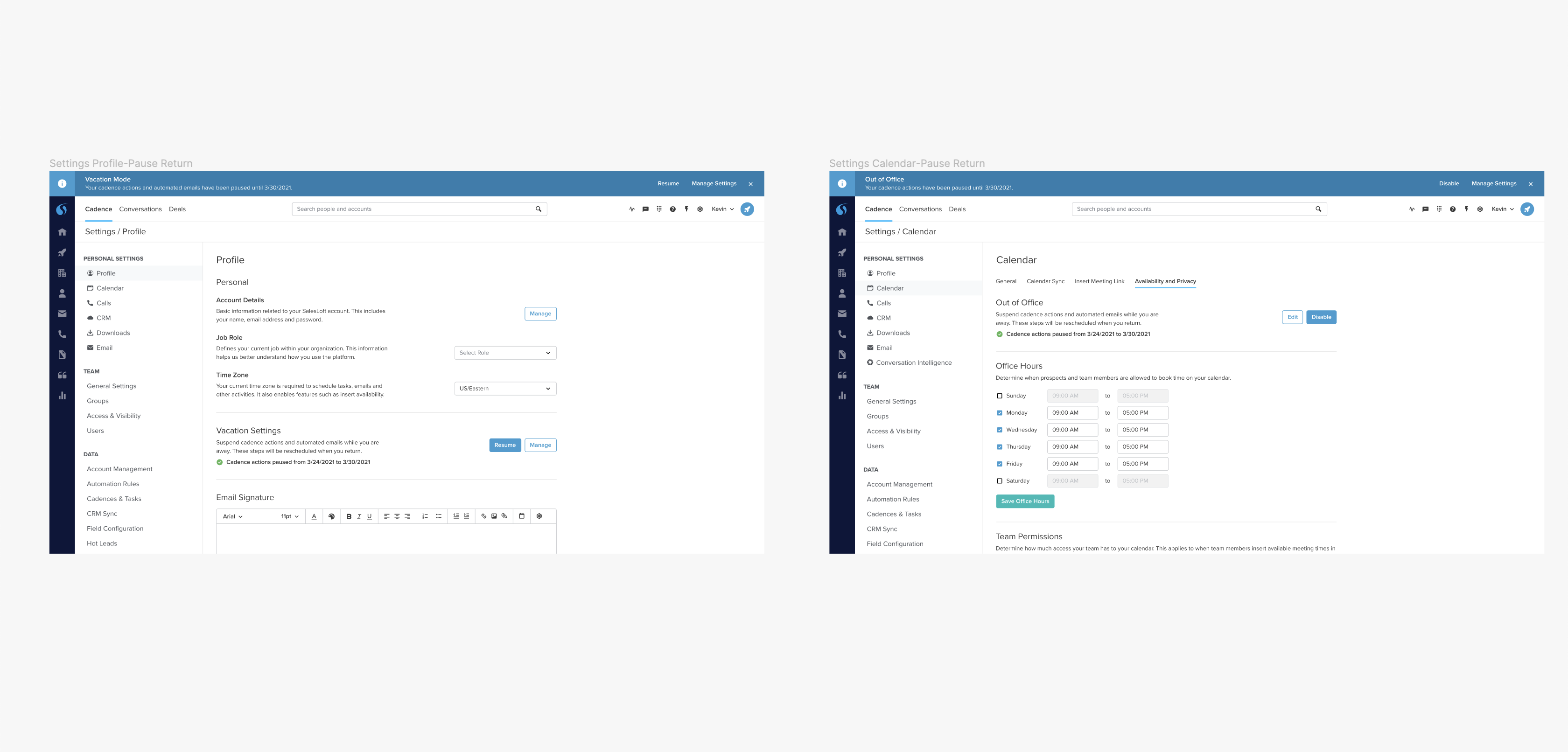 Two SalesLoft UI mockups showing Vacation Mode on the Profile settings page and Out of Office on the Calendar settings page