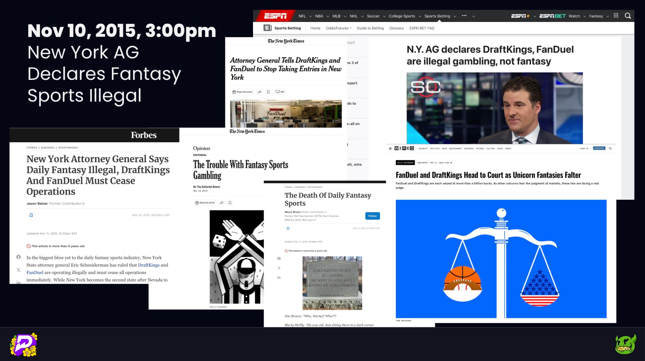 Collage of news headlines from Nov 10, 2015, when the New York AG declared DraftKings and FanDuel illegal gambling operations