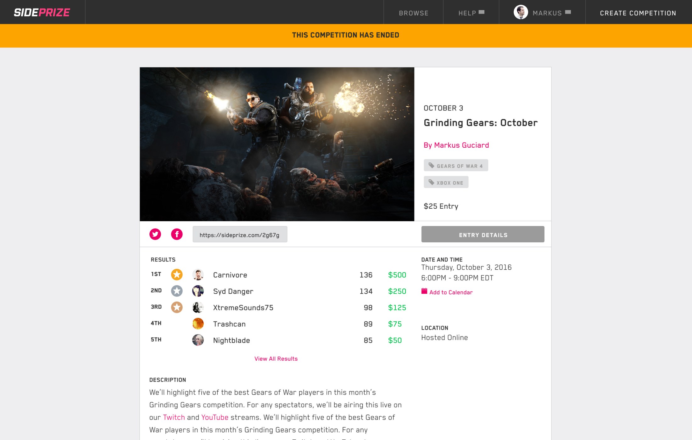SidePrize competition page for "Grinding Gears: October," a Gears of War 4 Xbox One tournament with results and prize amounts