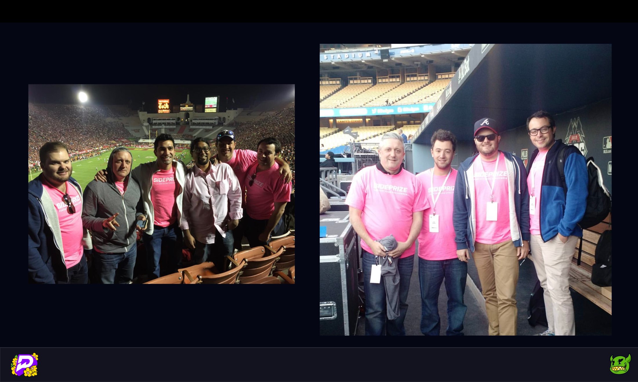 Two photos of groups of men wearing pink Sideprize t-shirts at sporting venues, one at a football stadium and one at a baseball stadium