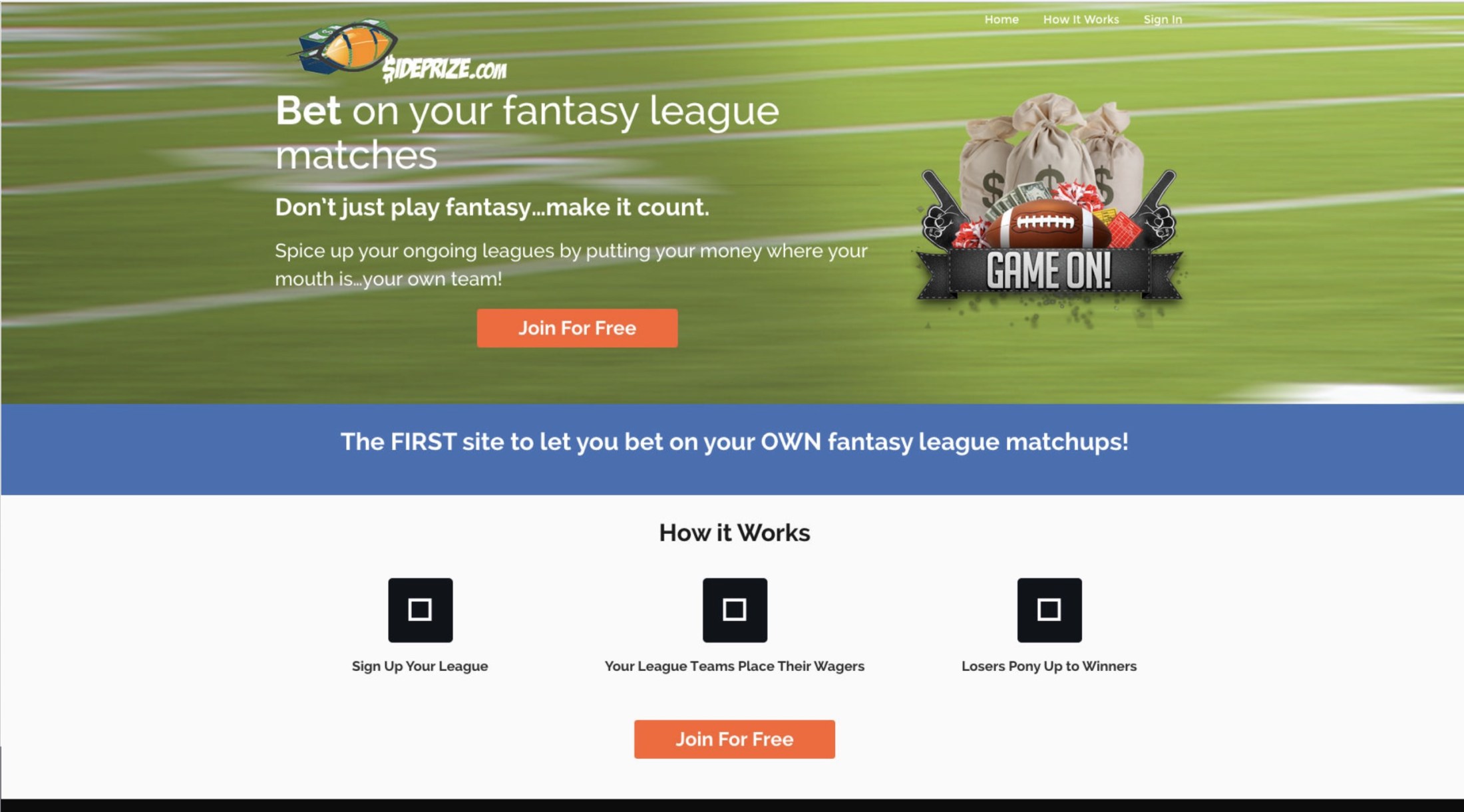 Screenshot of SidePrize.com homepage with the headline "Bet on your fantasy league matches" and a "Join For Free" button
