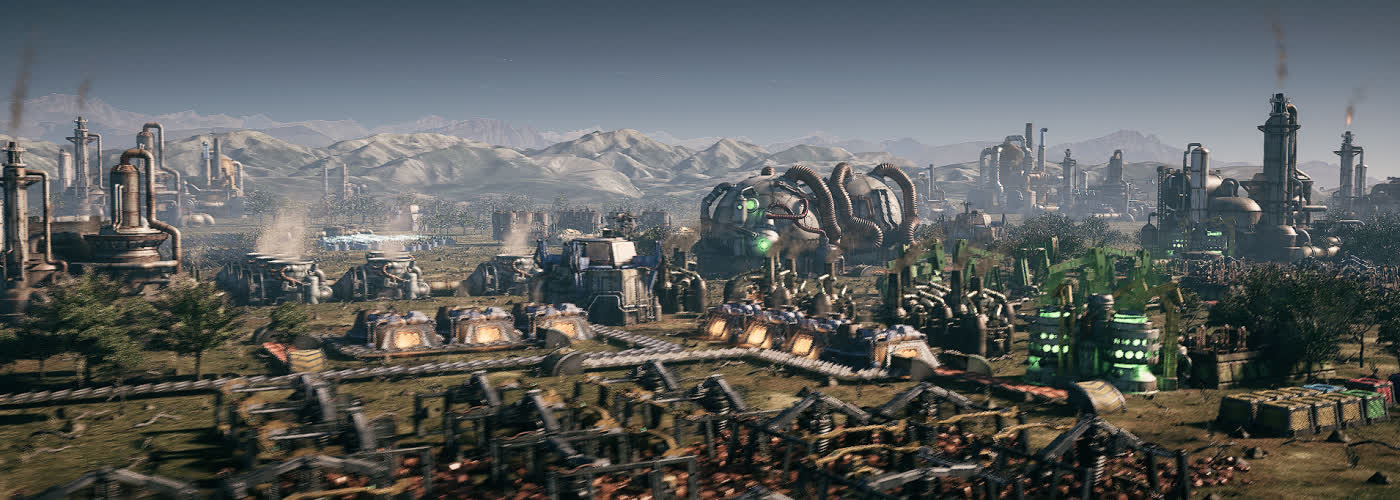 A dystopian sci-fi landscape with industrial towers, ruins, and a large mechanical creature with glowing green eyes amid a sprawling wasteland