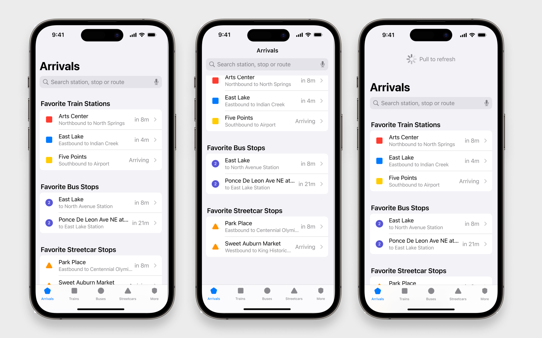 MARTA concept app Arrivals page.