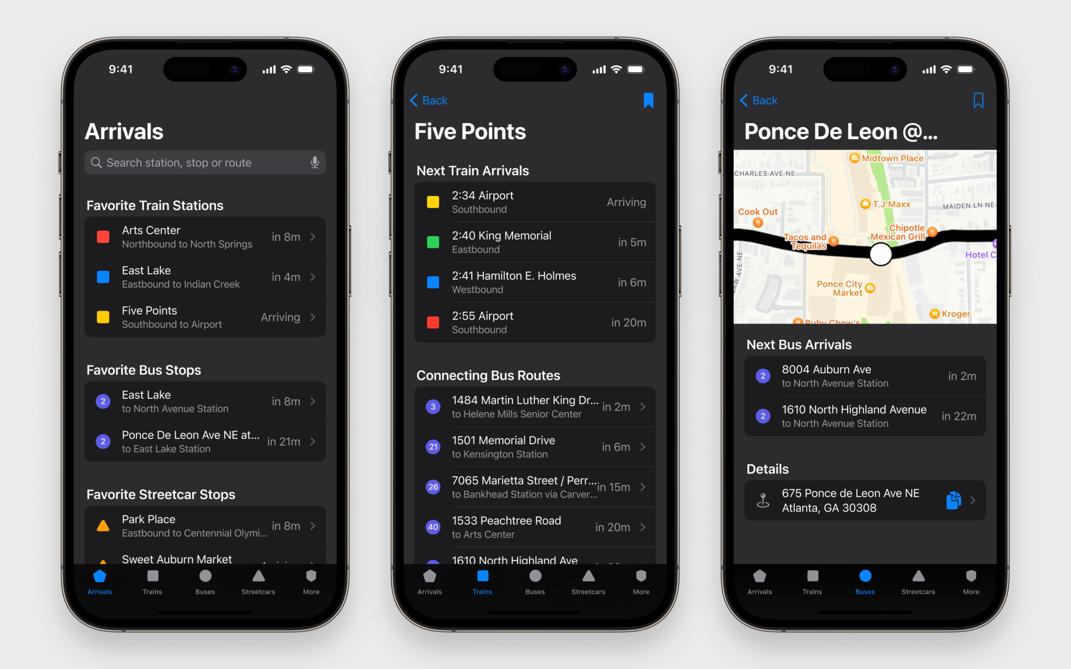 MARTA iOS concept app with a dark theme applied.