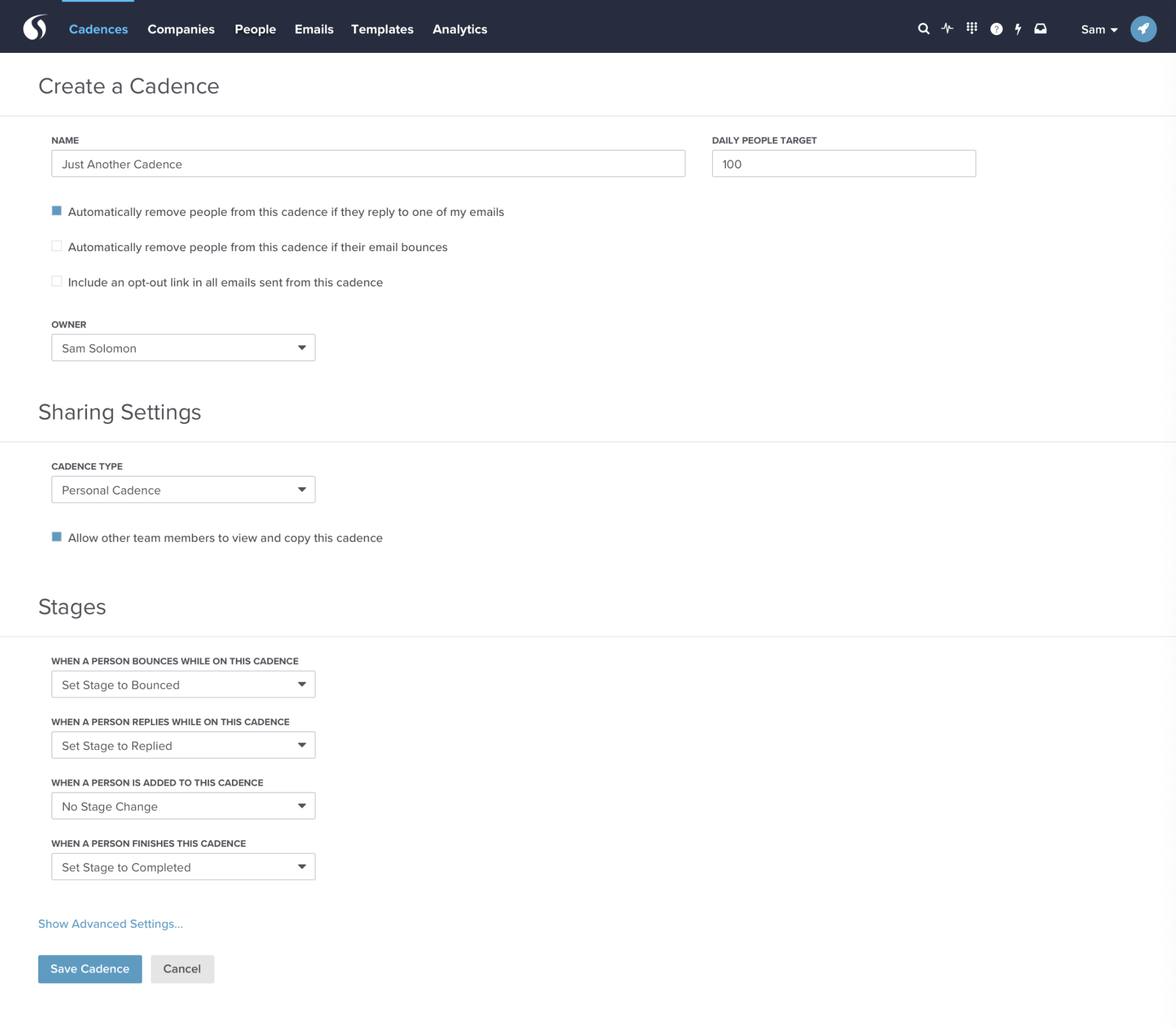 Screenshot of a "Create a Cadence" form in Salesloft with fields for name, daily people target, sharing settings, and stage automation rules